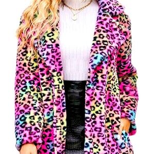 chouyatou Women's Med-Large Leopard Print Faux Fur Long Trench Coat / Jacket